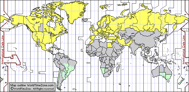 map for countries and territories operating Daylight Saving Time