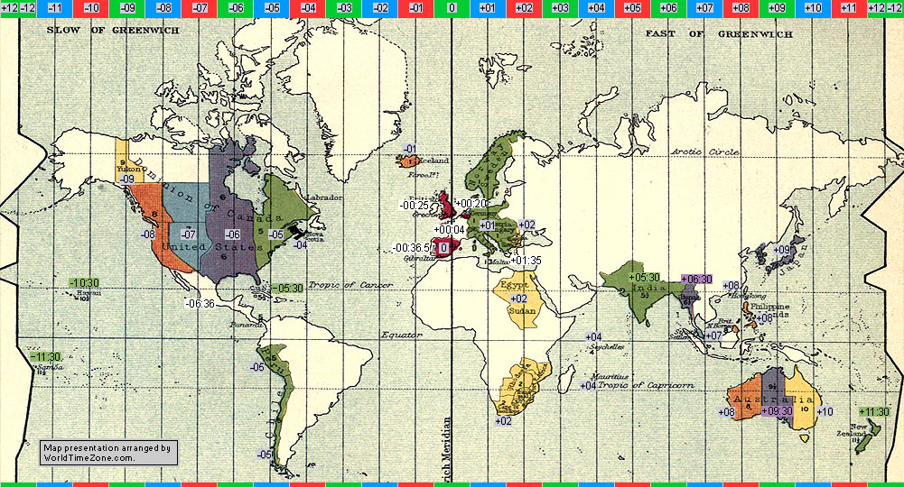 standard time zone chart of the world 1910 map presentation arranged by WorldTimeZone