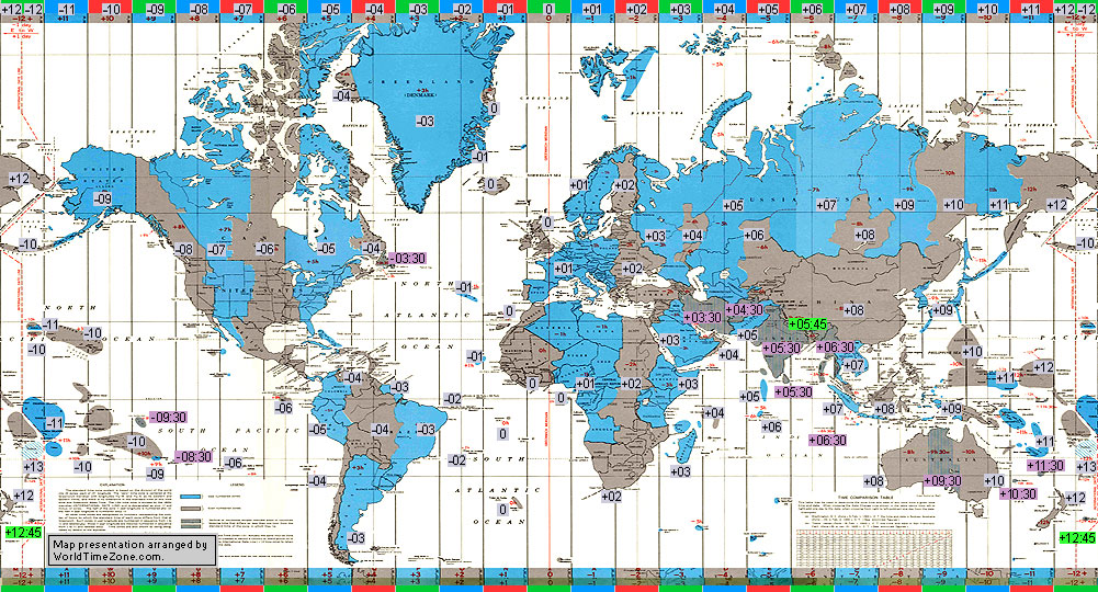 standard time zone chart of the world 1992 map presentation arranged by WorldTimeZone