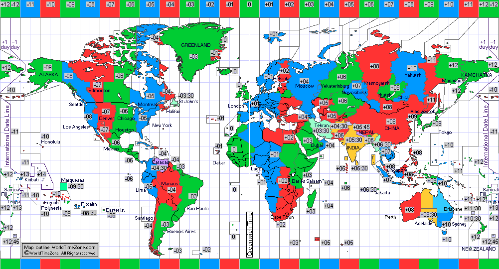standard time zone chart of the world 2011 map presentation arranged by WorldTimeZone