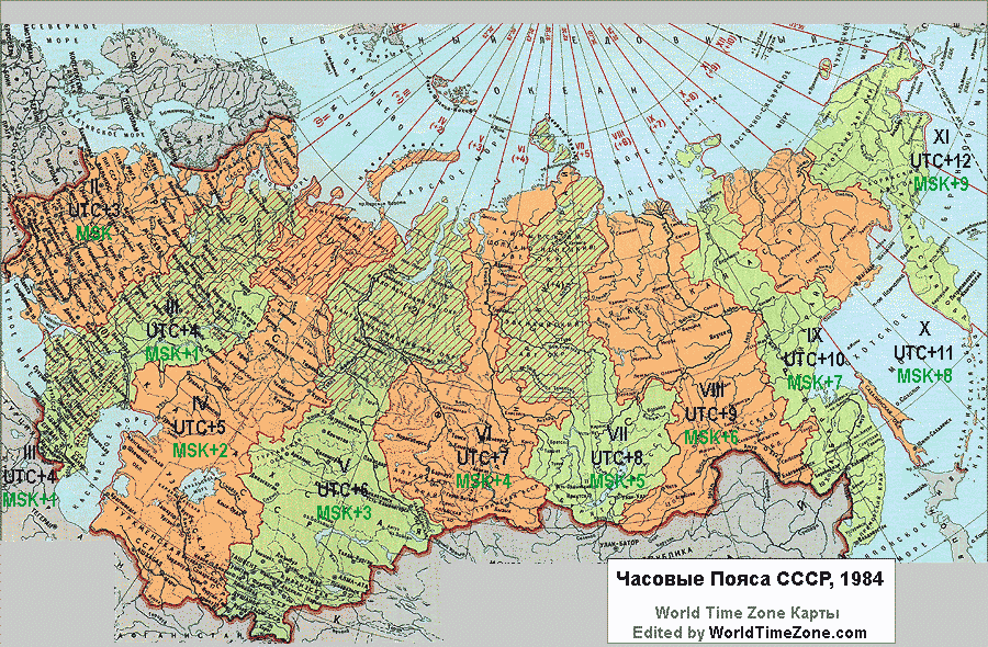 USSR time zones map in 1984 карта часовые пояса СССР 1984 год стандартные часовые пояса СССР 1984 год
