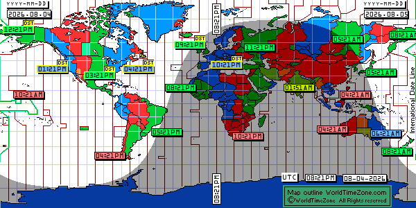 Day Night map Earth and local time around the world from WorldTimeZone
