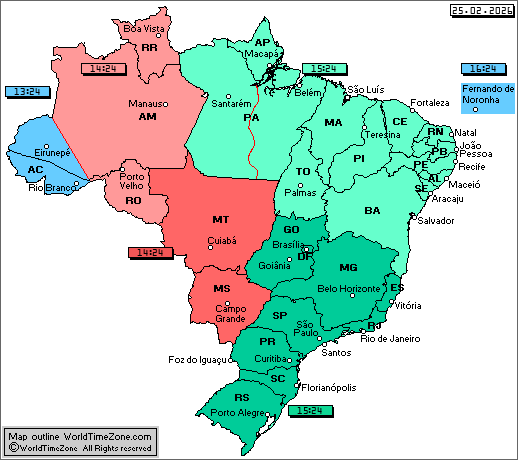 Brazil time zones map and current local time in Brazil 24 hour format