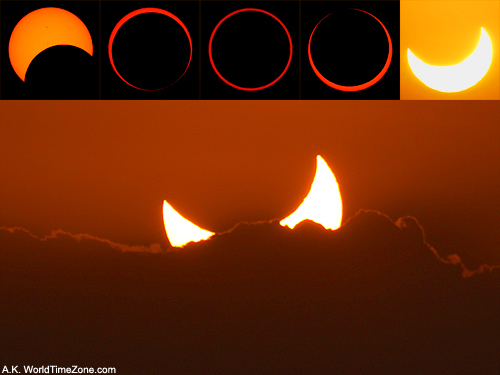 Red Devil Horns or Solar Horns Sunset during Annular Solar Eclipse and phases of an Annular Eclipse in Araruna, Brazil photo taken by Alexander Krivenyshev in Araruna, Brazil WorldTimeZone