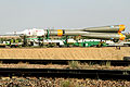 Soyuz spacecraft is rolled out by train on its way to the launch pad Baikonur cosmodrome