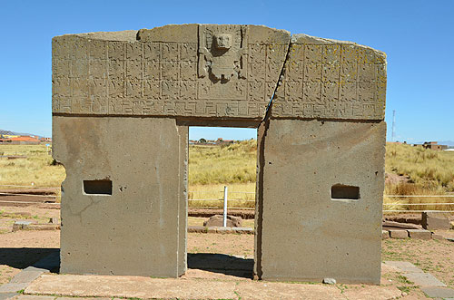 Gate of the Sun Tiwanaku pre-Inca ruins in Bolivia Puerta del Sol Tiahuanaco UNESCO World Heritage Site worldtimezone travel