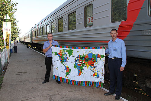 Trans-Siberian Railway, train conductors with map of time zones