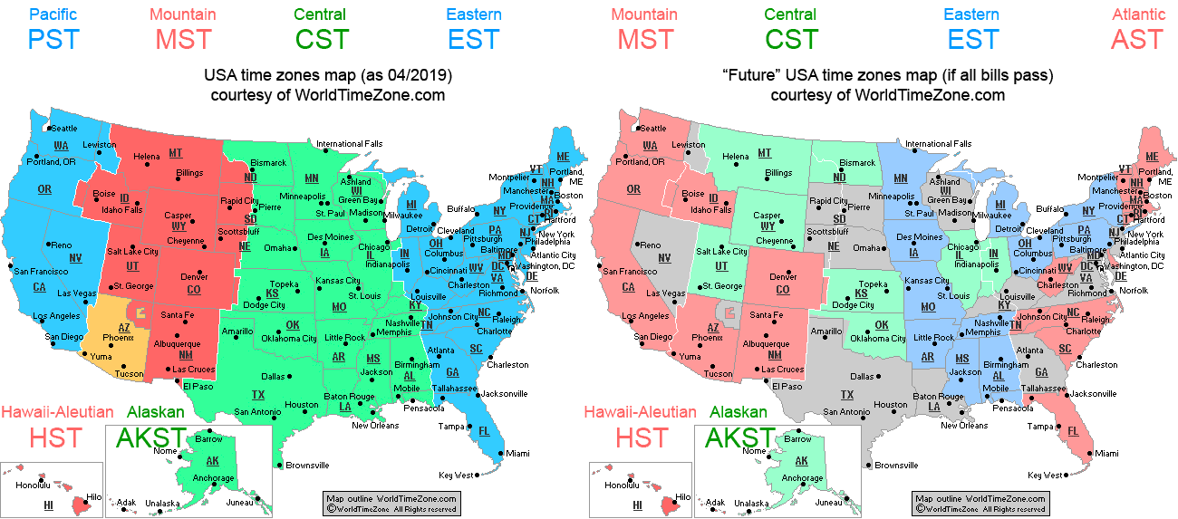 current and future USA time zones map with proposed Daylight Saving Time bills by state