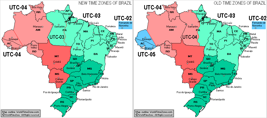 New Brazil Time Zones map and Old Brazil Time Zones map