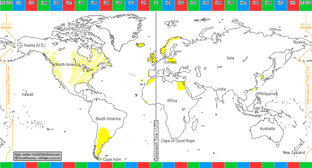 Daylight Saving Time Summer Time DST of the world 1960 map presentation arranged by WorldTimeZone