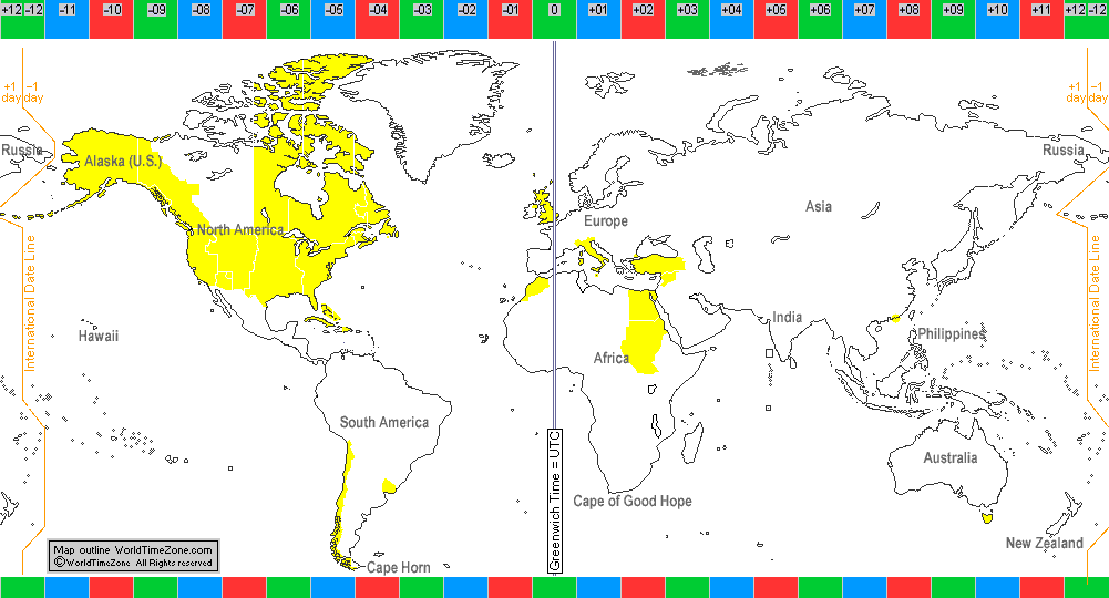 Daylight Saving Time Summer Time DST of the world 1970 map presentation arranged by WorldTimeZone