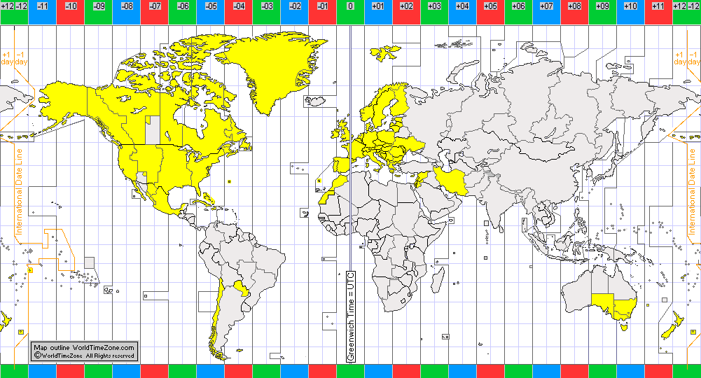 Daylight Saving Time Summer Time DST of the world 2020 map presentation arranged by WorldTimeZone