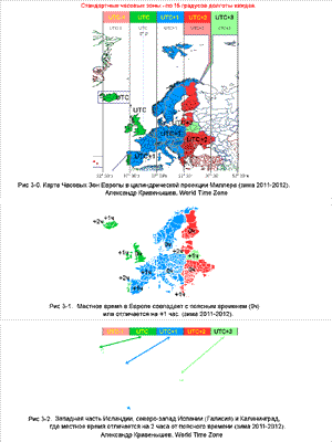 Карта Часовых Зон Европы в цилиндрической проекции Миллера и стандартные часовые зоны по 15 градусов долготы и местное поясное время Александр Кривенышев World Time Zone