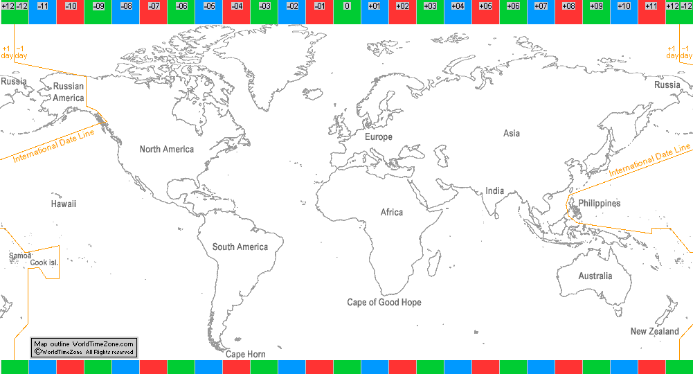 International Date Line in 1844 map presentation arranged by WorldTimeZone