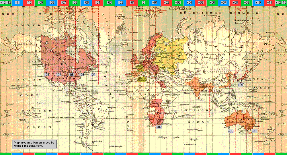 standard time zone chart of the world 1905 map presentation arranged by WorldTimeZone