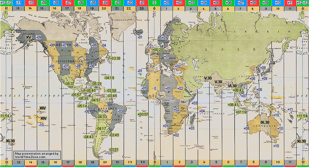 standard time zone chart of the world 1917 map presentation arranged by WorldTimeZone