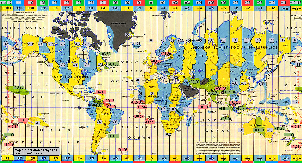 standard time zone chart of the world 1920 map presentation arranged by WorldTimeZone