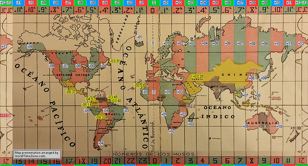 standard time zone chart of the world 1923 map presentation arranged by WorldTimeZone