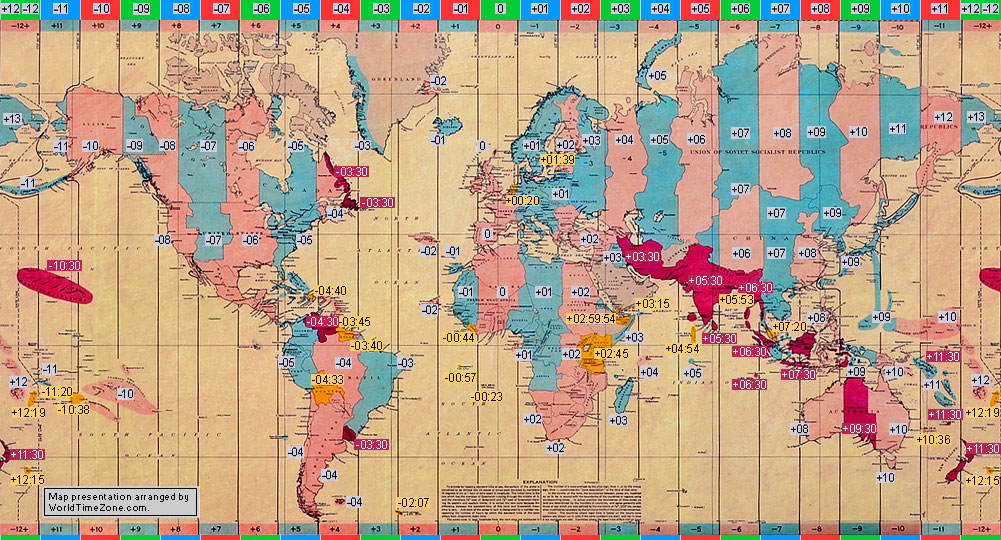 standard time zone chart of the world 1941-1943 map presentation arranged by WorldTimeZone