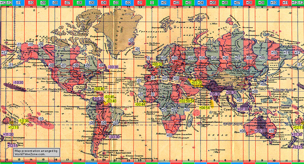 standard time zone chart of the world 1940 map presentation arranged by WorldTimeZone