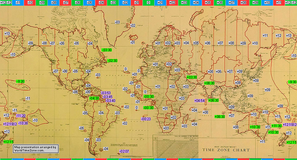 standard time zone chart of the world 1943 map presentation arranged by WorldTimeZone