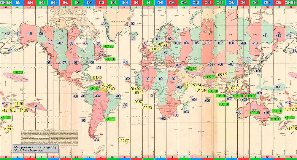 standard time zone chart of the world 1944 map presentation arranged by WorldTimeZone
