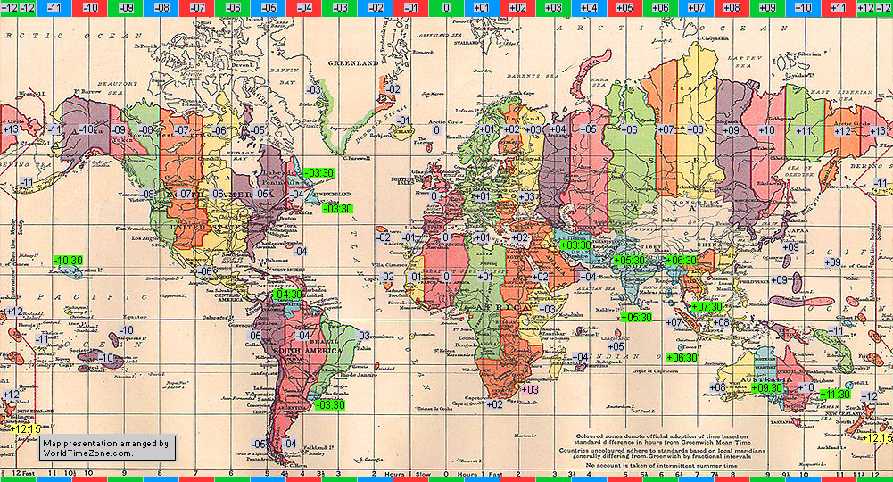 standard time zone chart of the world 1952 map presentation arranged by WorldTimeZone