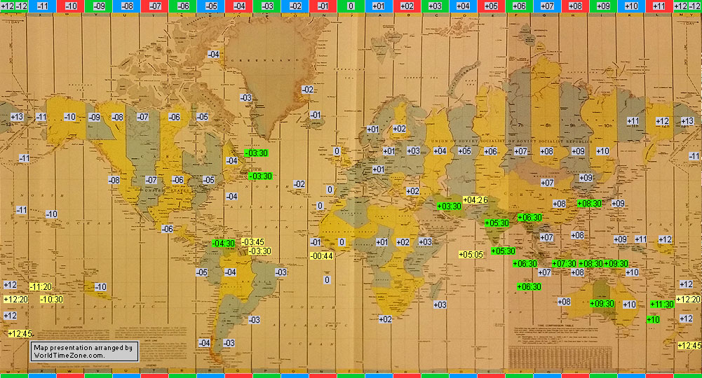 standard time zone chart of the world 1958 map presentation arranged by WorldTimeZone