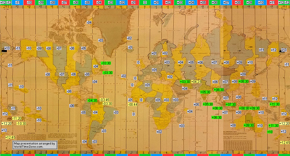 standard time zone chart of the world 1960 map presentation arranged by WorldTimeZone