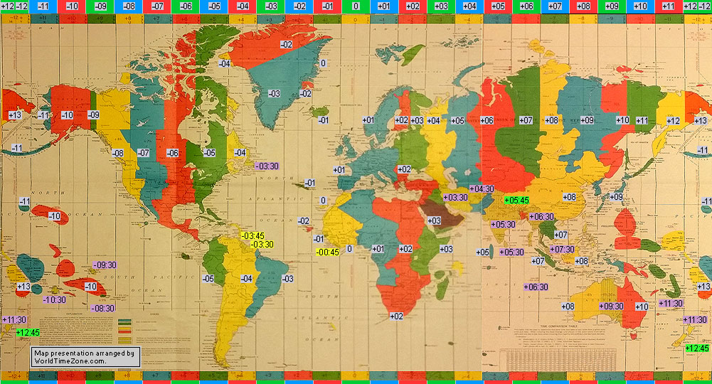 standard time zone chart of the world 1968-1970 map presentation arranged by WorldTimeZone