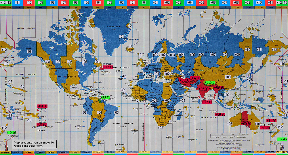 standard time zone chart of the world 1971-1974 map presentation arranged by WorldTimeZone