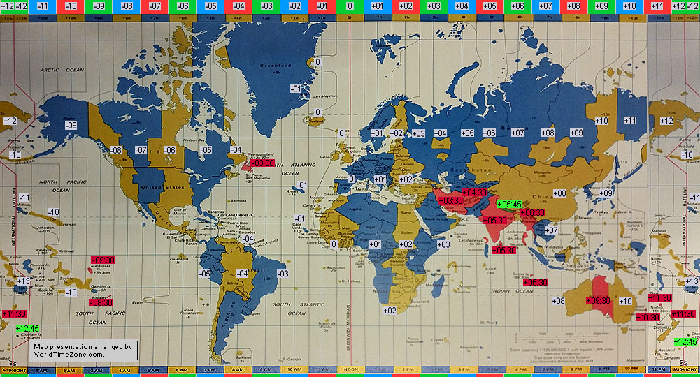 standard time zone chart of the world 1975 map presentation arranged by WorldTimeZone