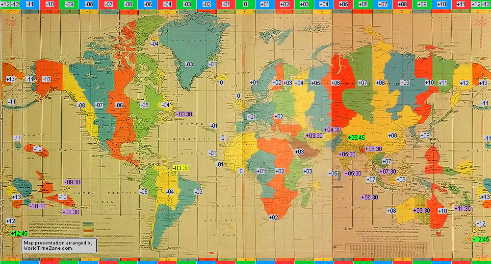 standard time zone chart of the world 1976-1978 map presentation arranged by WorldTimeZone
