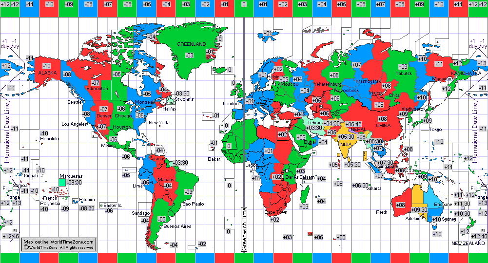 standard time zone chart of the world 1980 map presentation arranged by WorldTimeZone