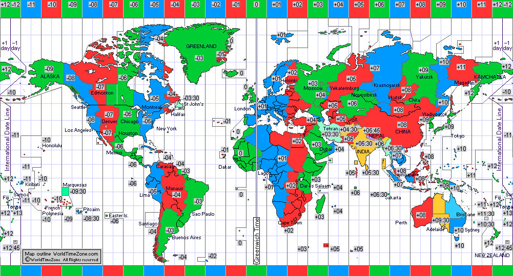 standard time zone chart of the world 1994 map presentation arranged by WorldTimeZone