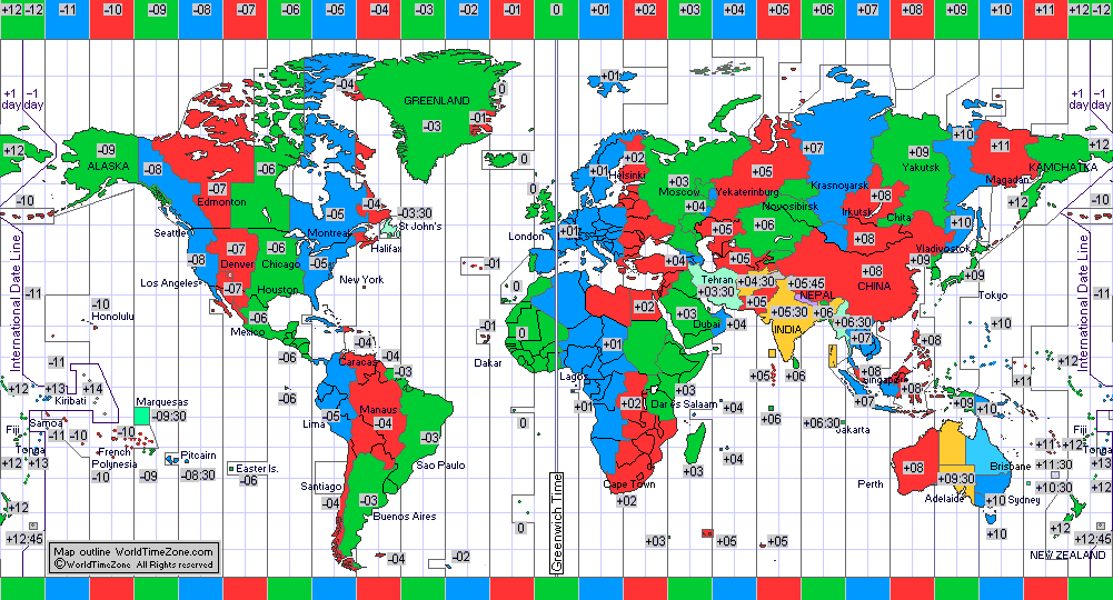 standard time zone chart of the world 2005 map presentation arranged by WorldTimeZone