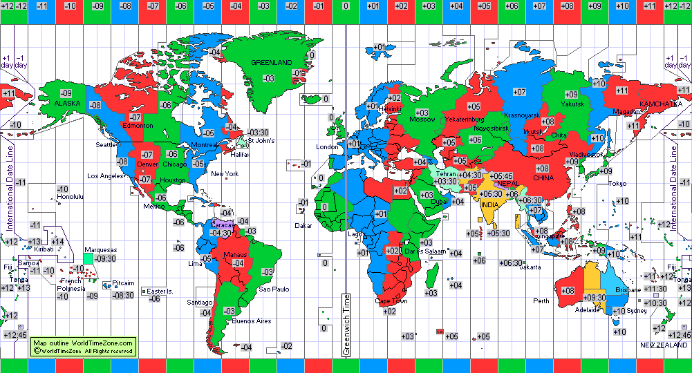 standard time zone chart of the world 2010 map presentation arranged by WorldTimeZone