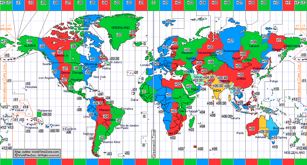standard time zone chart of the world 2016 map presentation arranged by WorldTimeZone