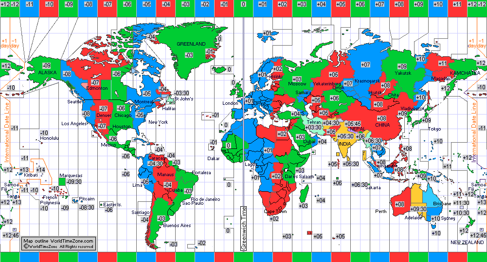 standard time zone chart of the world 2018 map presentation arranged by WorldTimeZone