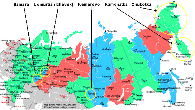 Map of Time Zones of Russia till March 28 2010