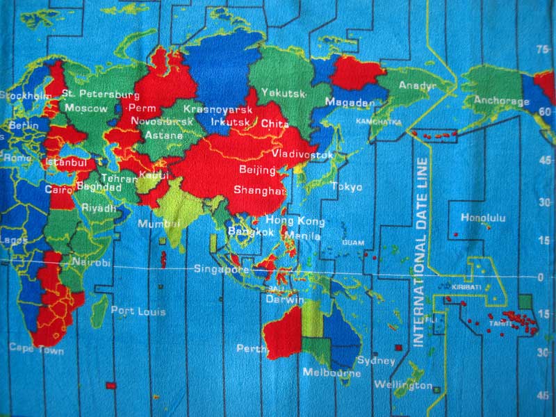 fabric 100 cotton velour with colorful fiber reactive world time zone map design caribbean blue background size 30 x 60 inch 76x152 cm fiber