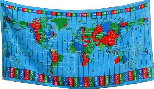 World Time Zones beach towel - soft velour Caribbean blue