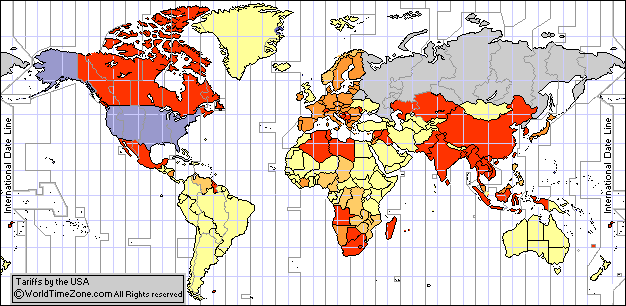map shows countries and territories facing reciprocal tariffs by the USA