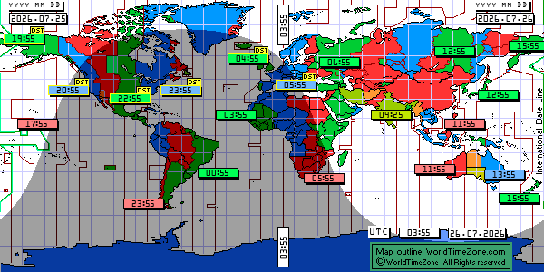 Day Night map Earth and local time around the world from WorldTimeZone
