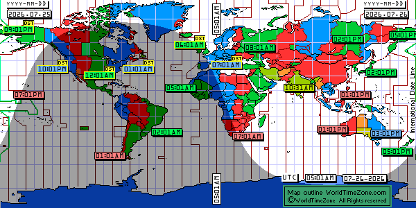 Day Night map Earth and local time around the world from WorldTimeZone