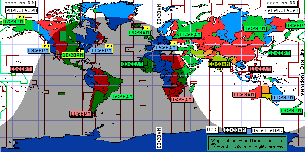 Day Night map Earth and local time around the world from WorldTimeZone