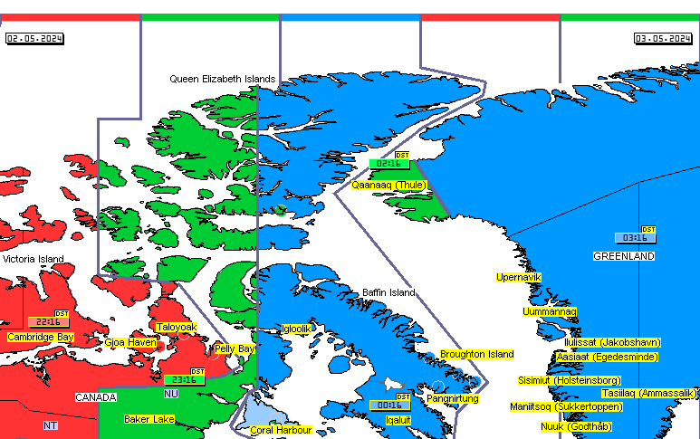 northern Canada Greenwich meridian time zones map time zones map,  eastern Canada time zones map,  Greenland time zones map,  Qaanaaq time zones map,  Thule time zones map,  Nuuk time zones map,  western Greenland time zones map 