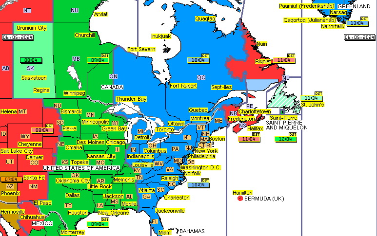 Saint Pierre and Miquelon France time zones map,  Greenland time zones map,  Bermuda UK time zones map,  eastern United States of America USA time zones map,  eastern Canada time zones map,  northern Mexico time zones map,  Bahamas time zones map,  Newfoundland time zones map,  Florida time zones map,  New York time zones map,  Texas time zones map,  Ontario  time zones map 