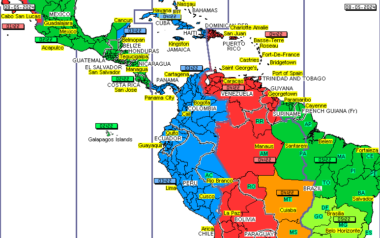 Cuba time zones map, Bahamas time zones map, Barbados time zones map, Dominican Republic time zones map, Grenada time zones map, Haiti time zones map, Antigua and Barbuda time zones map, Puerto Rico time zones map, Trinidad and Tobago time zones map, Jamaica time zones map, US Virgin Islands time zones map, Belize time zones map, Costa Rica time zones map, Dominica time zones map, El Salvador time zones map, Guatemala time zones map, Honduras time zones map, Mexico time zones map, Nicaragua time zones map, Panama time zones map, St Kitts and Nevis time zones map, St. Lucia time zones map, St Vincent and The Grenadines time zones map, Anguilla UK time zones map, Aruba Netherlands time zones map, Bonaire Netherlands time zones map, British Virgin Islands UK time zones map, Cayman Islands UK time zones map, Curacao Netherlands time zones map, Guadeloupe France time zones map, Martinique France time zones map, Montserrat UK time zones map, Sint Eustatius Netherlands time zones map, Sint Maarten Netherlands time zones map, Turks and Caicos Islands UK time zones map, Saba Netherlands time zones map, Saint Barthelemy France time zones map, Saint Martin France time zones map, Saint Barts time zones map, Bolivia time zones map, Brazil time zones map, Colombia time zones map, Ecuador time zones map, Guyana time zones map, Peru time zones map, Suriname,time zones map, Venezuela time zones map, Galapagos islands time zones map, French Guiana time zones map 