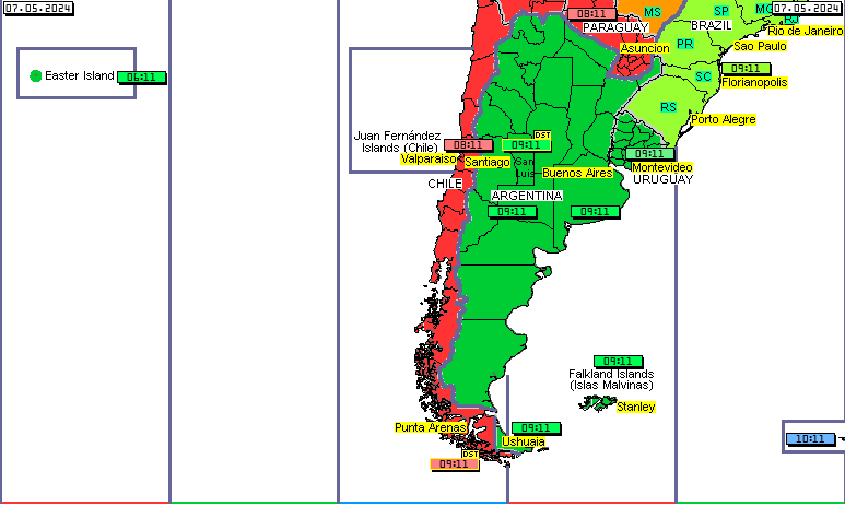 Chile time zones map, Argentina time zones map, Uruguay time zones map, Paraguay time zones map, south Brazil time zones map, Easter Island time zones map, Rapa Nui time zones map, Falkland islands time zones map, islas Malvinas time zones map 
